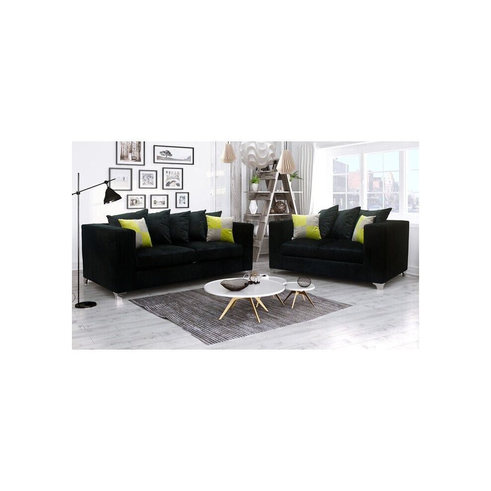 (Black, 3 & 2 Seater Set) Ella Plush Velvet 3 & 2 Seater Sofa Set