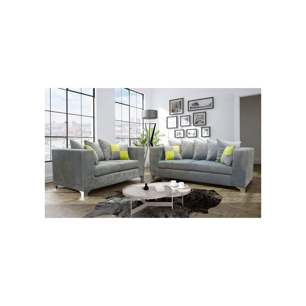 (Grey, 3 & 2 Seater Set) Ella Plush Velvet 3 & 2 Seater Sofa Set