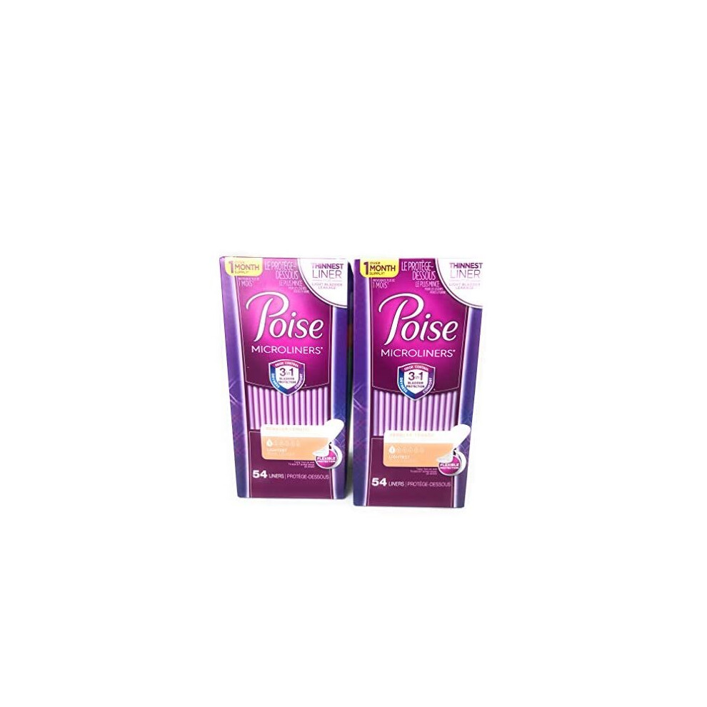 Poise Microliners, Incontinence Panty Liners, Lightest Absorbency, Regular, 54 Count, Pack Of 2