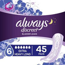 Always Discreet Incontinence & Postpartum Incontinence Pads for Women, Overnight Absorbency, Extra Heavy Long, 45 Count