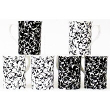 fromeuropewithlove Venetian Black and White Fine Bone China Mugs Set of 6 Swirl & Leaves Hand Decorated in UK FREE UK Delivery