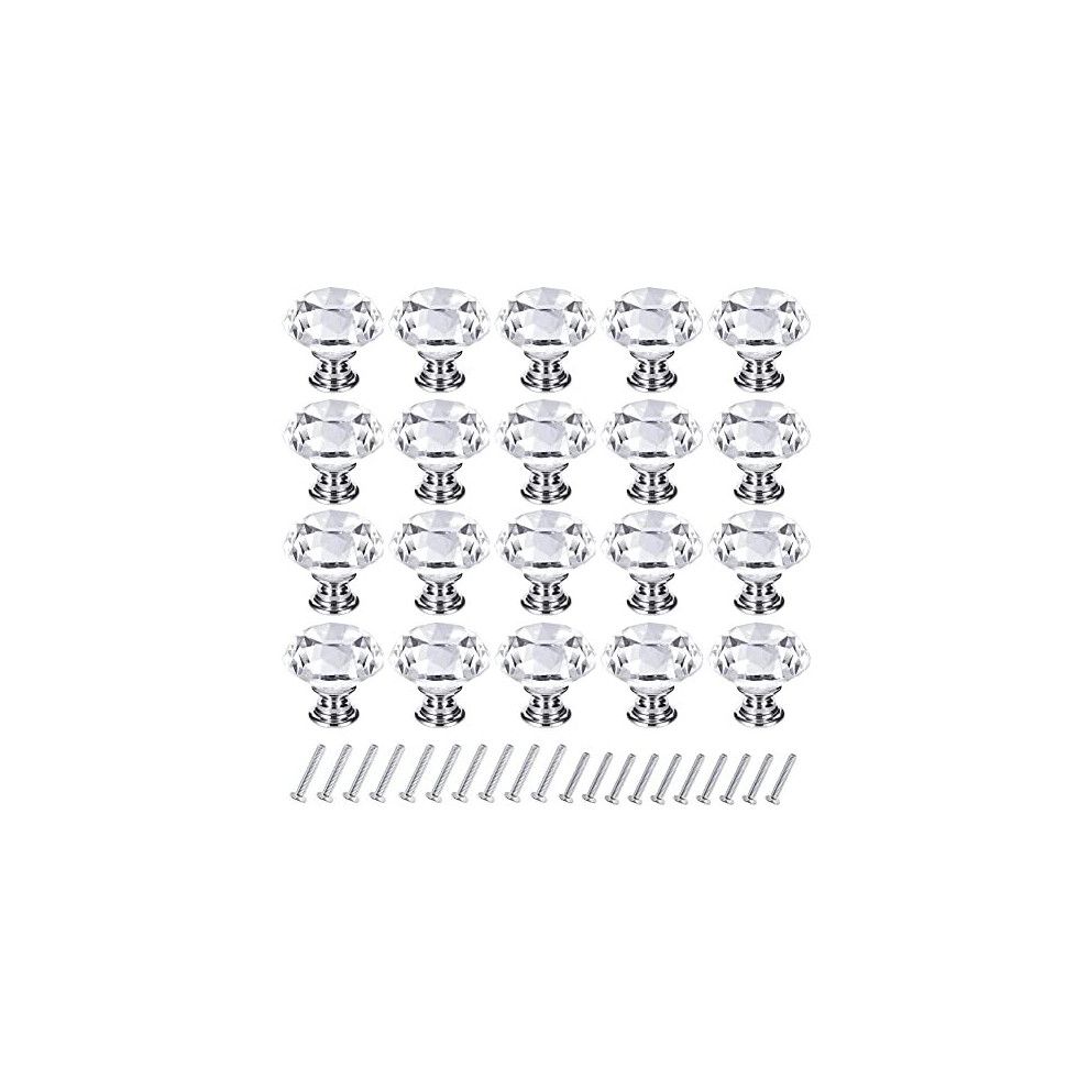20PCS 30mm Crystal Door Knobs, Glass Drawer Knobs Crystal Door Handles Diamond Pulls Zinc Alloy with 40 Screws of 2 Sizes 25mm, 19mm for Home K