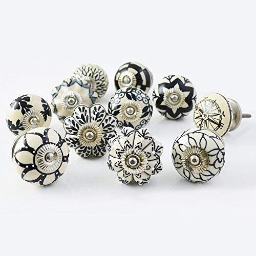 Set of 10 Black & White Ceramic knobs Cabinet Handles Kitchen pulls Drawer Puller by KNOBSWORLD