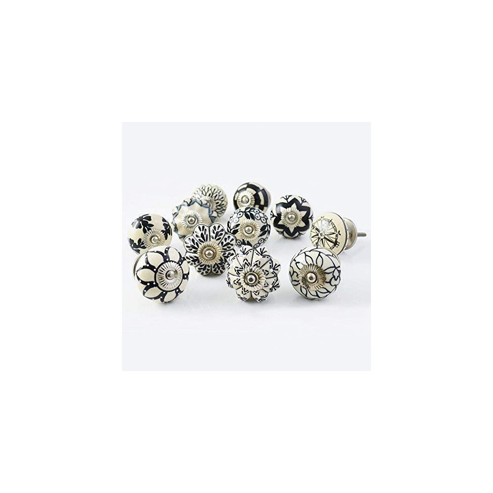 Set of 10 Black & White Ceramic knobs Cabinet Handles Kitchen pulls Drawer Puller by KNOBSWORLD