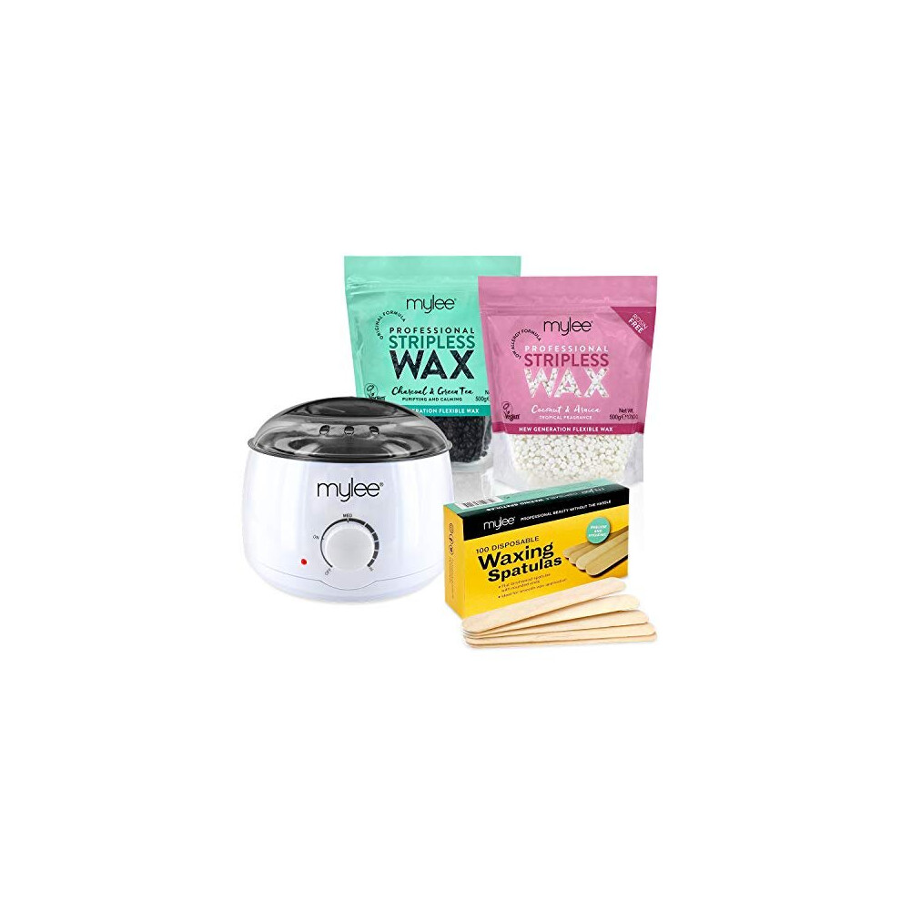 Mylee Professional Waxing Kit with Wax Heater, Hard Wax Beads 500g, Spatulas - Stripless Depilatory Waxing Pellets Solid Film Beans No Strip Need