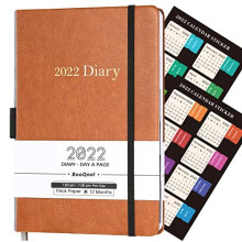 BooQool Diary 2022 - Day to Page Diary, from January 2022 to December 2022, Productivity A5 Daily Planner with Monthly Tabs, Inner Pocket, Bande