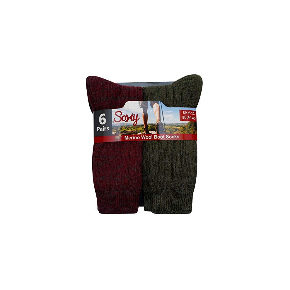 Soxy 6 Pairs Mens Merino Wool Soft Warm Socks - Wool Blend Boot Hiking Walking Socks - Uk 6-11/Eu 39-45