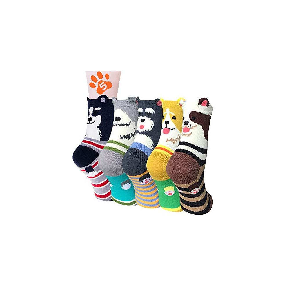 Womens Socks 5 Pairs, Ladies Cotton Funny Socks with Cute Funky Animal Dog Print, Size 4-7 Multipack Thick Warm Thermal Winter Sports Odd Socks