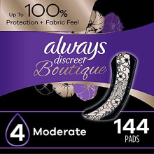 Always Discreet Boutique Incontinence & Postpartum Incontinence Pads for Women, Size 4, Moderate Absorbency, 144 Count, Regular Length (3 Packs