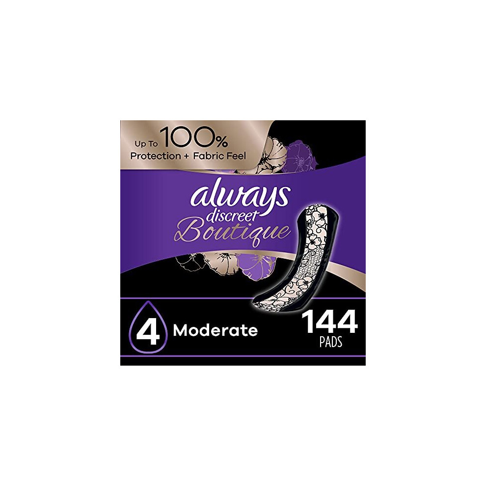 Always Discreet Boutique Incontinence & Postpartum Incontinence Pads for Women, Size 4, Moderate Absorbency, 144 Count, Regular Length (3 Packs