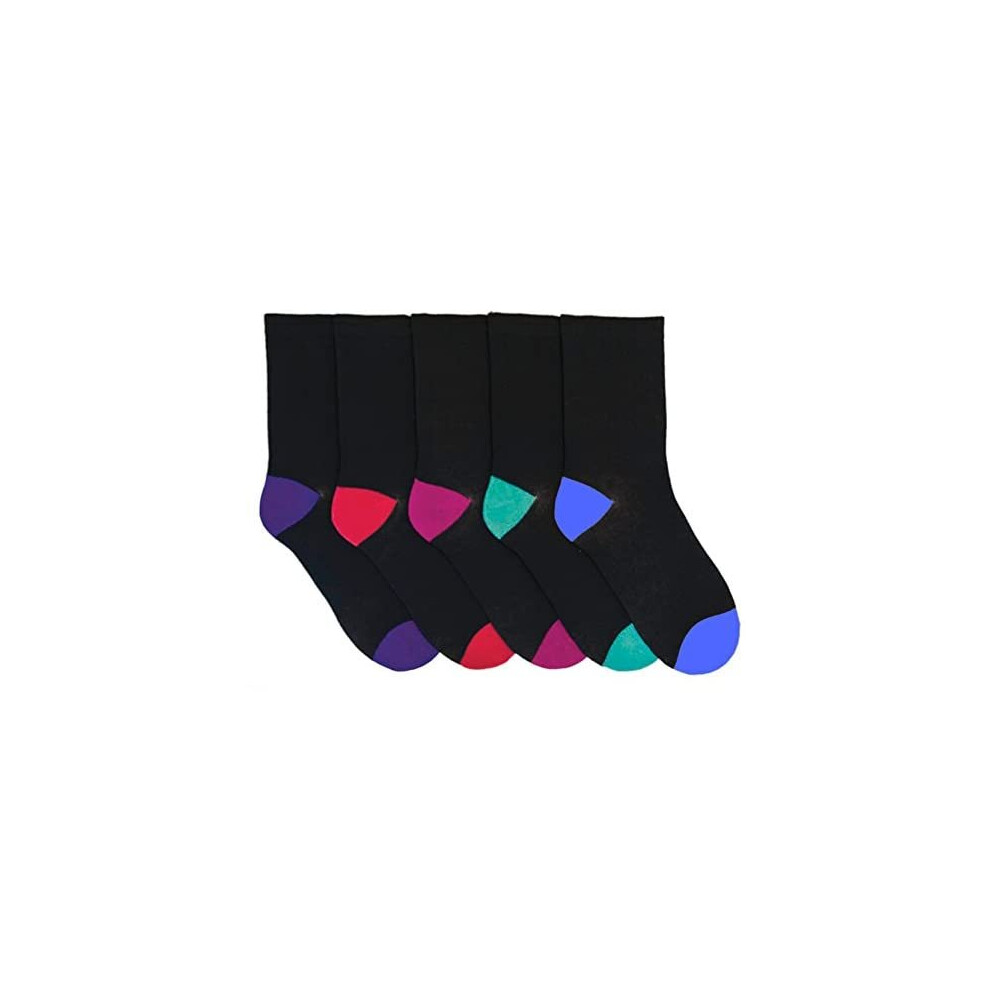 Rjm Ladies 5 Pack Cotton Rich Socks With Multicoloured Heels & Toes 4-7 Black