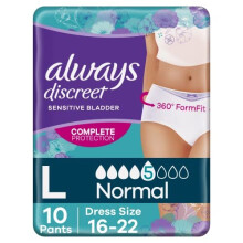 Always Discreet Incontinence Pants Women, Large, 20 Count (10x2) with OdourLock Odour Neutraliser, Dual LeakGuards, Multipack for Sensitive Bladder