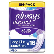 Always Discreet Incontinence Pads, Long, Plus, 16 Towels, BIGGER PACK, Odour Neutraliser, For Sensitive Bladder