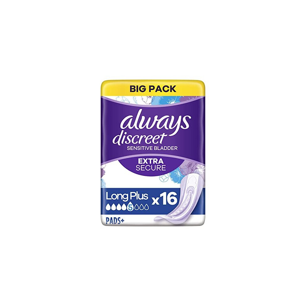 Always Discreet Incontinence Pads, Long, Plus, 16 Towels, Bigger Pack, Odour Neutraliser, For Sensitive Bladder