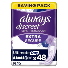 Always Discreet Incontinence Pads Plus Women Ultimate Day x48, Strong Protection You Barely Feel