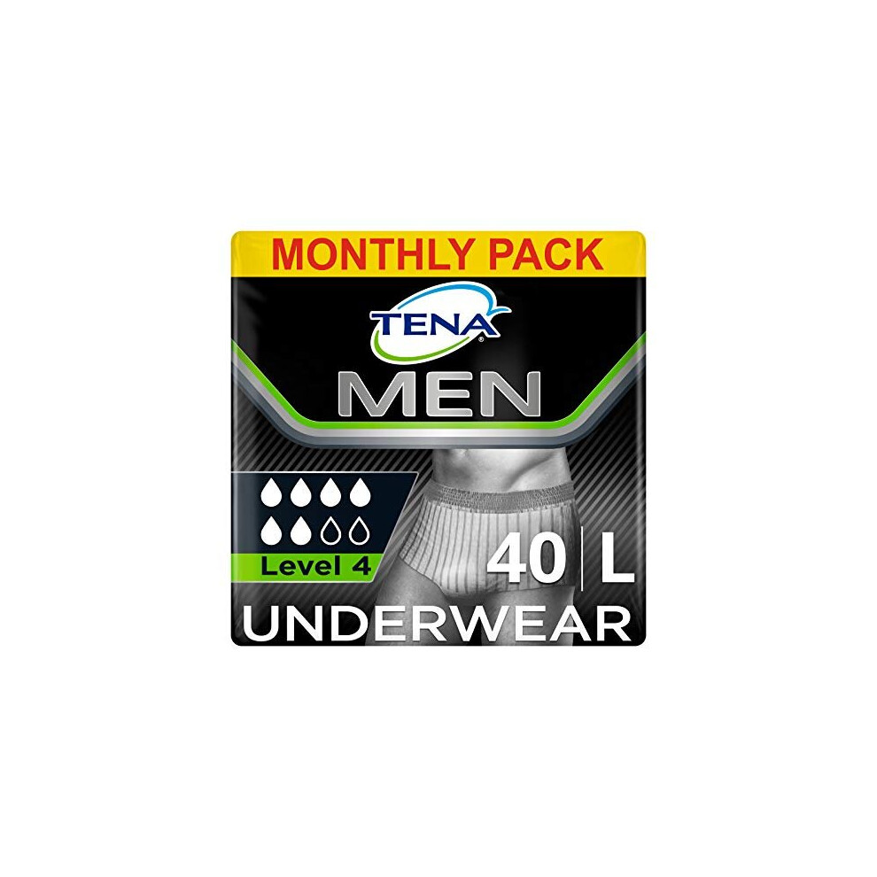 TENA Men Protective Underwear, Large, Level 4 for Heavy Bladder Weakness, 40 pairs of Incontinence Pants (10 x 4 packs) for Men, with a Masculin