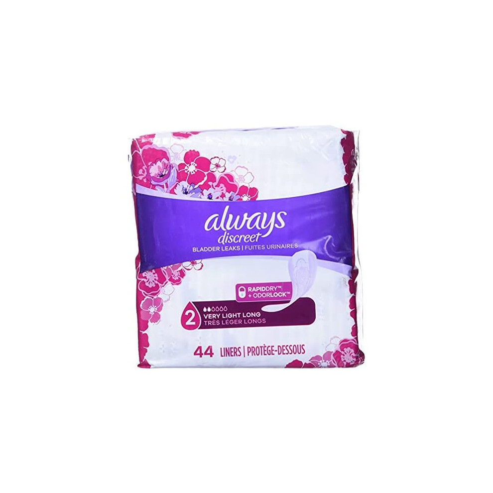 Always Discreet Incontinence Liners for Women, Very Light Absorbency, Long Length, 44 count