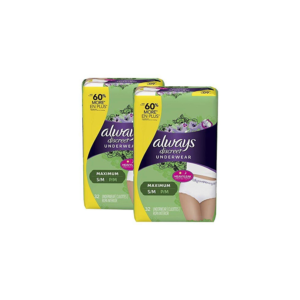 Always Discreet Incontinence & Postpartum Incontinence Underwear for Women, Small/Medium, Maximum Protection, Disposable, 32 Count (Pack of 2) (