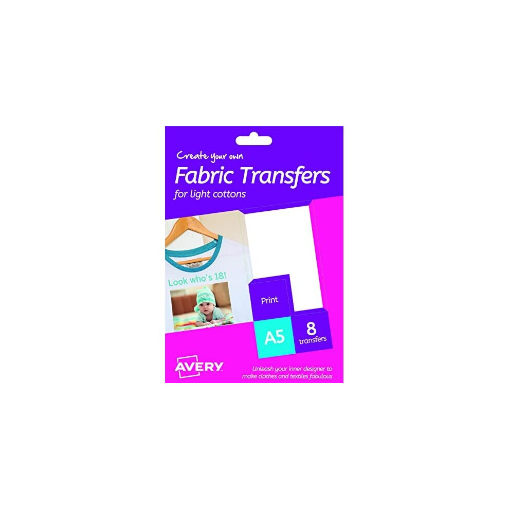 Avery Htt01 Printable Fabric Transfers For Cottons, 1 Transfer Per A5 Sheet Light