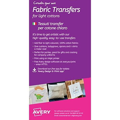 Avery HTT01 Printable Fabric Transfers for Light Cottons, 1 transfer Per A5 Sheet 1