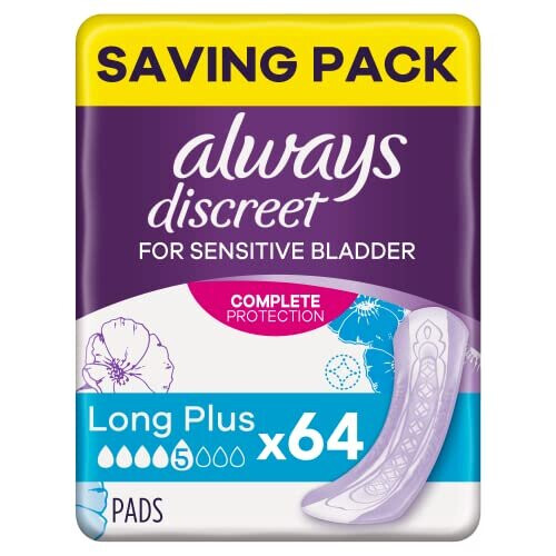 Always Always Discreet Incontinence Pads Plus Long Plus for Sensitive Bladder, 64 Counts
