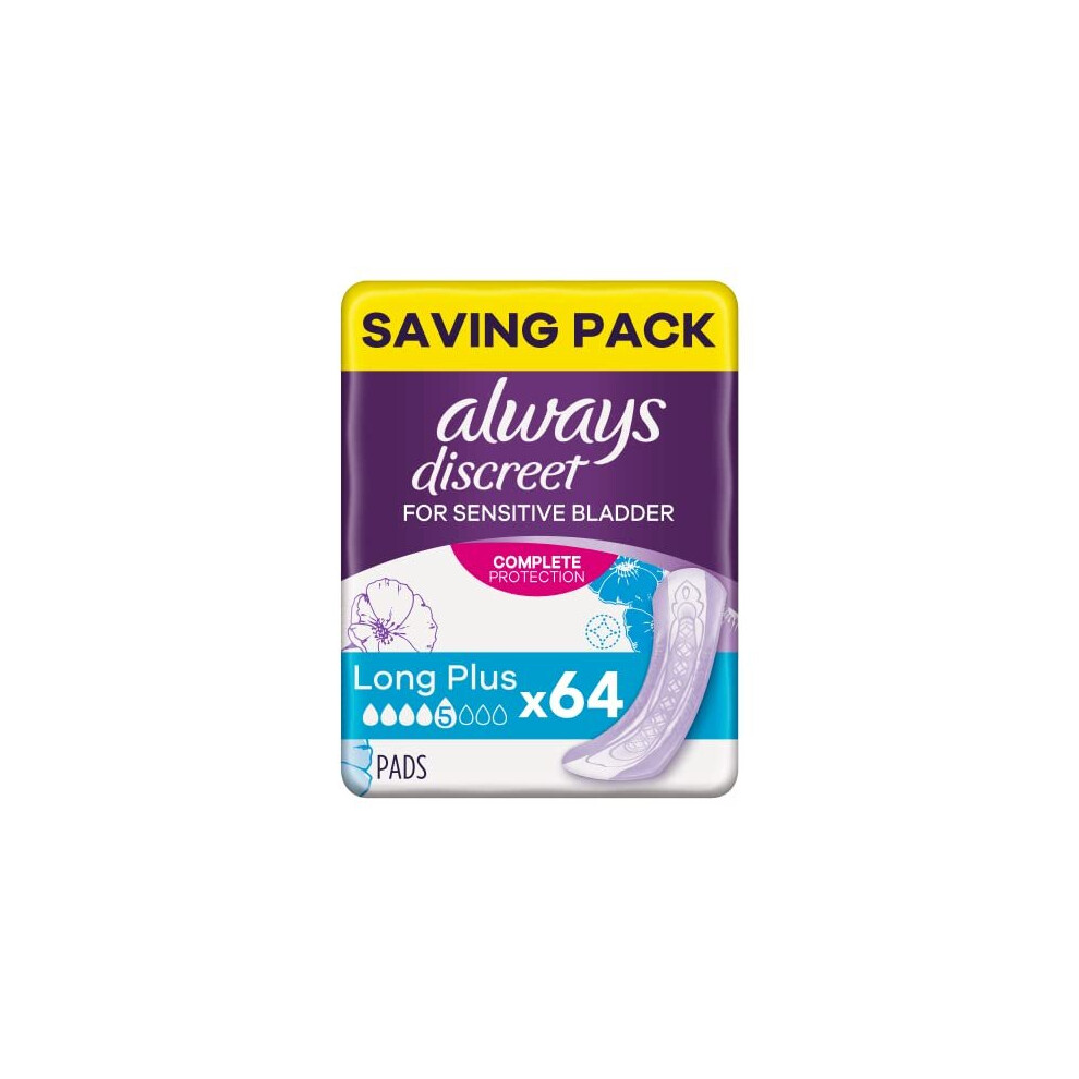 Always Discreet Incontinence Pads Plus Long Plus for Sensitive Bladder, 64 Counts