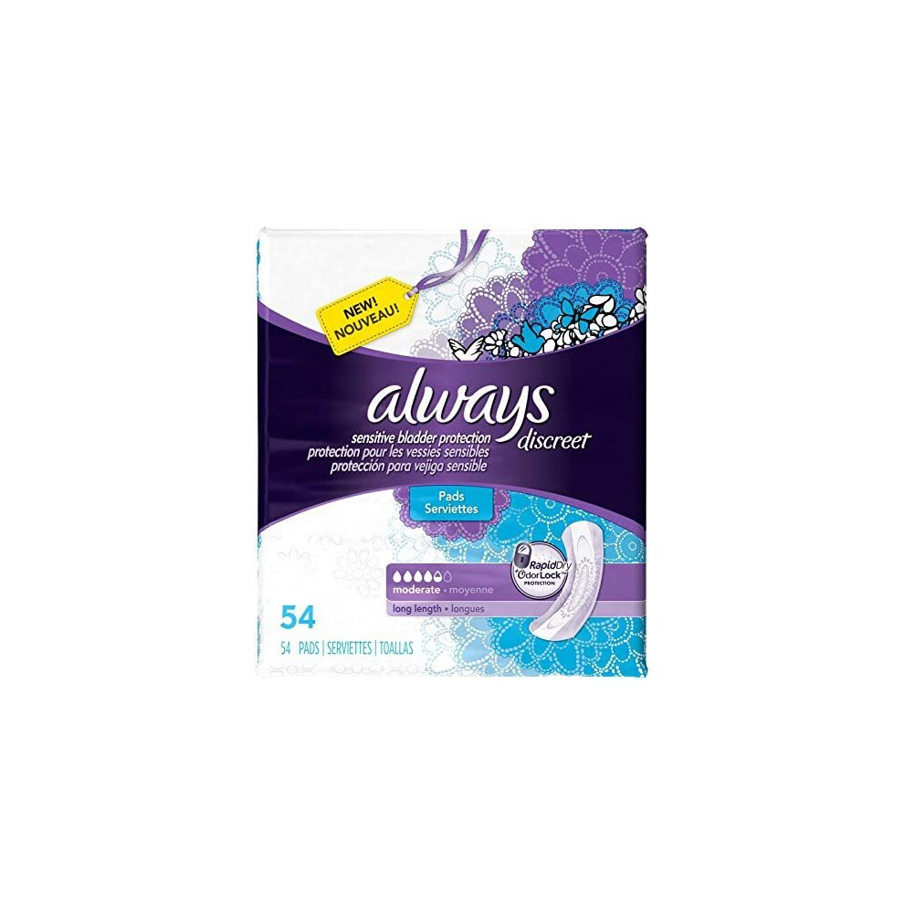 Always Discreet Incontinence & Postpartum Incontinence Pads For Women, Moderate Absorbency, Long Length, 54 Count