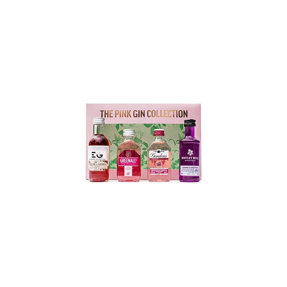 Pink Gin Gift Set - 4 x 5cl Miniatures - Whitley Neill Gin Rhubarb & Ginger, Edinburgh Gin Plum & Vanilla Liqueur, Gordon's Pink Gin, Greena