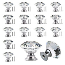 YEYIT 16 Pack Crystal Cabinet Knobs 25mm Glass Diamond Door Handles,Clear Diamond Cupboard Drawer Pull Handle with 2 Sizes of Screws,for Furnit