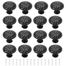 YEYIT 16Pcs Black Cabinet Door Handle, Round Drawer Knobs, Single Hole Cupboard Handle, Mushroom Drawer Handle 30MM Aluminum Alloy Flower Patte