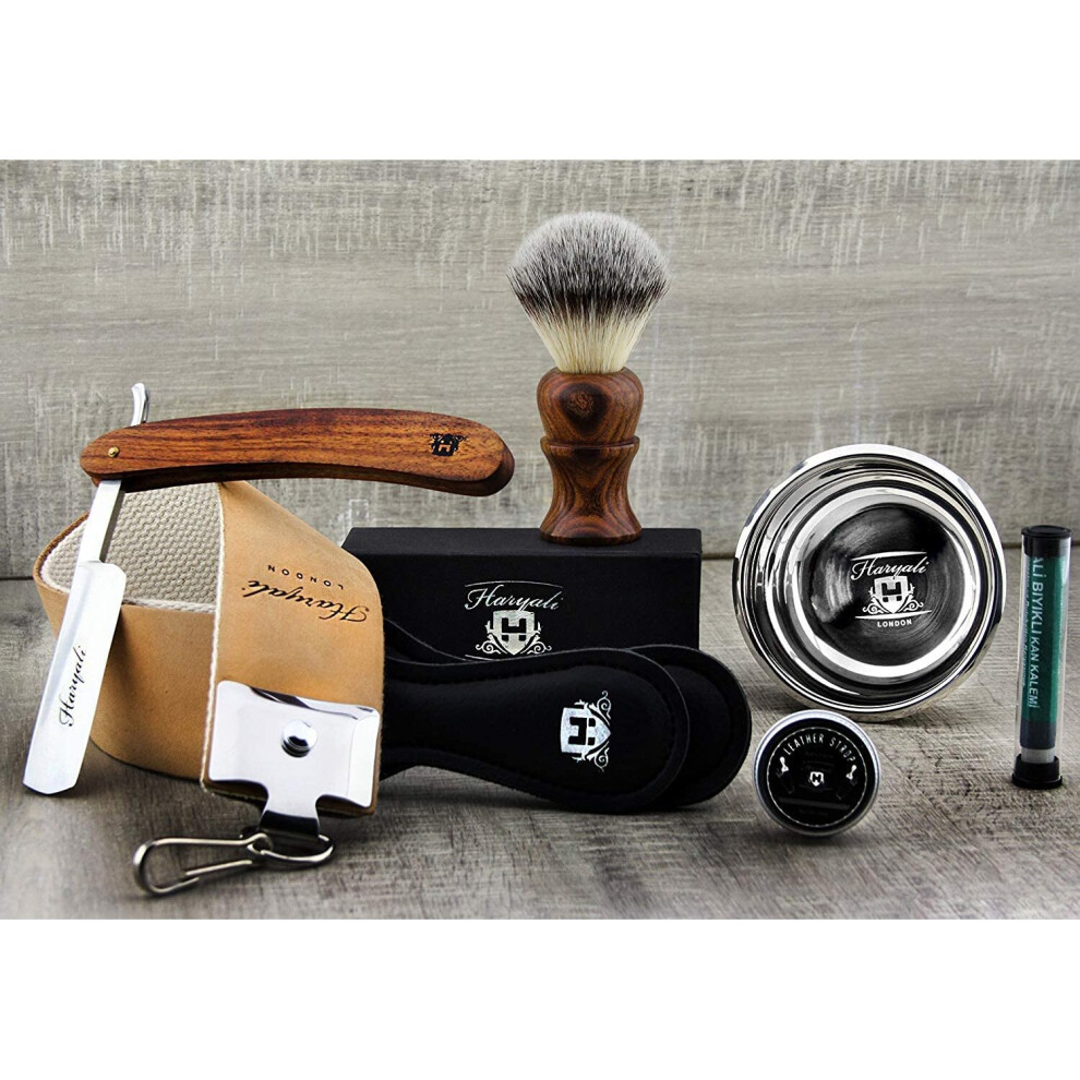 Vintage Style Men's Shaving Set With Synthetic Hair Shaving Brush,Cut Throat Razor /Barber Style Razor, Double XL Pure Leather Strop & Sharping Paste