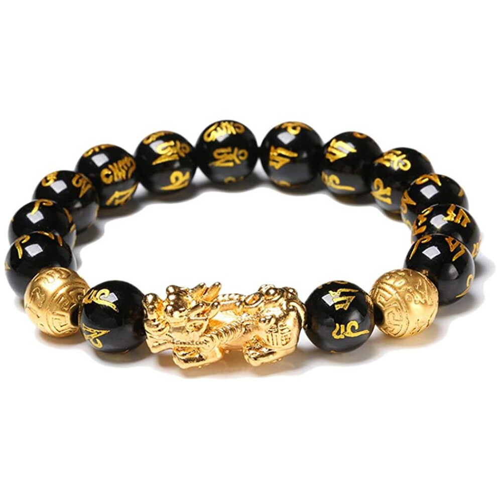 Macabolo Black Obsidian Wealth Beads Bracelet Lucky Wealthy Amulet Bracelet with Golden Pi Xiu Included a Peace Sign Pendant