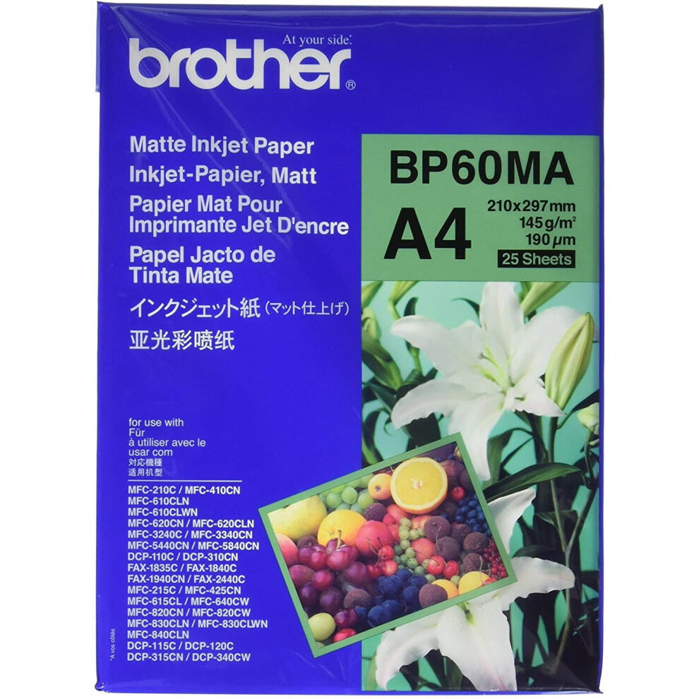 Brother BP60MA Inkjet Paper, A4, Matte, 297 mm (W) x 210 mm (L), 25 Sheets, Brother Genuine Supplies