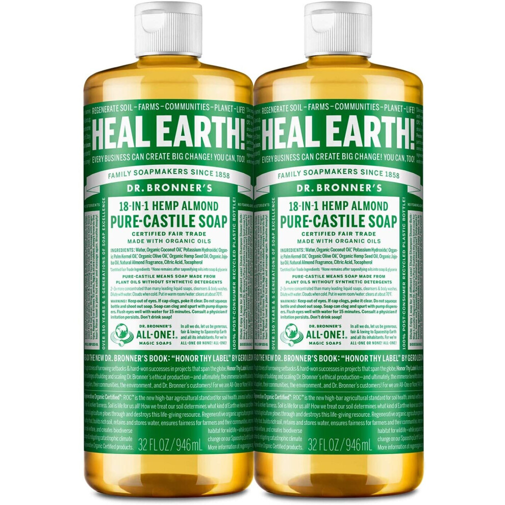 Dr Bronner's Organic Almond Castile Liquid Soap, 946 ml - Pack of 2