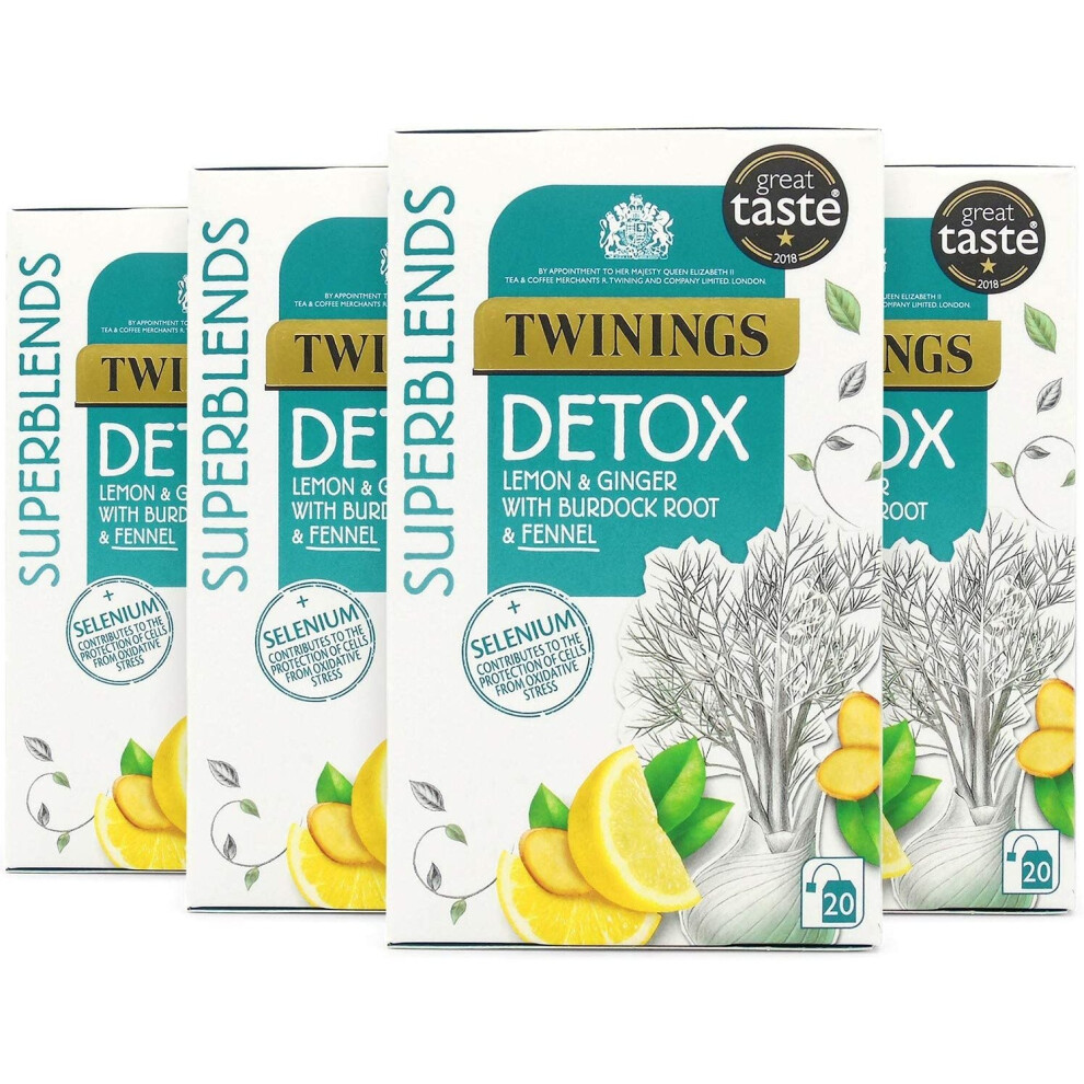 Twinings Superblends Detox with Lemon, Ginger, Burdock Root & Fennel, 80 Teabags (Multipack of 4 x 20 Bags)