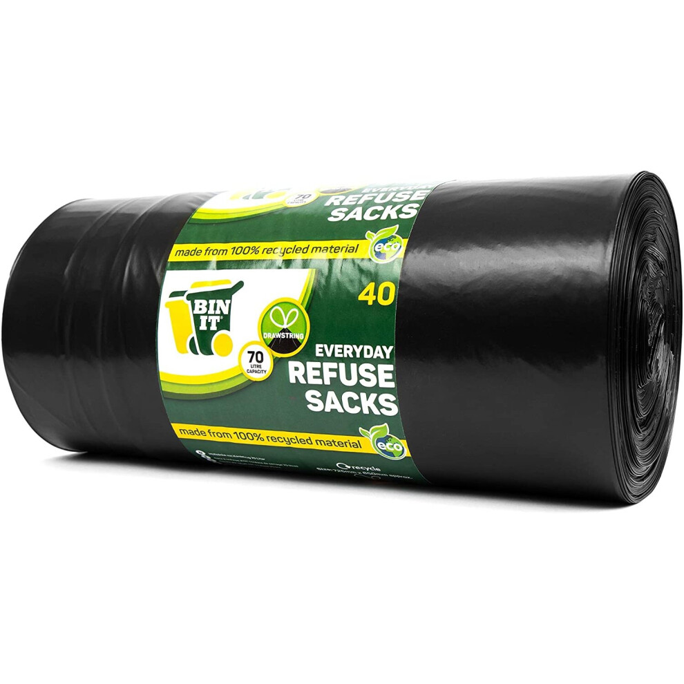 BIN IT 40 Drawstring Bin Liners 70L Black Refuse Sacks Strong Tear Resistant - Image 4
