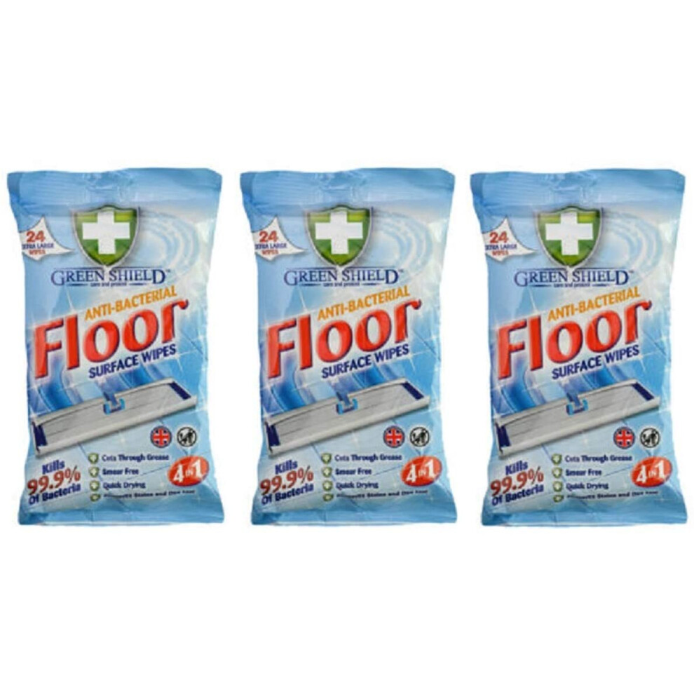 3 x GREENSHIELD ANTIBAC Floor Surface Wipes Packs of 24 Extra Large Wipes (72 Wipes)