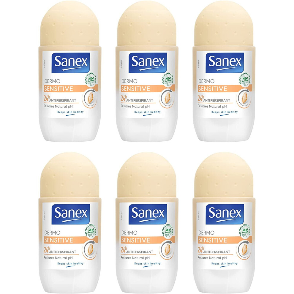 Sanex Dermo Sensitive Roll On Antiperspirant 50Ml Pack Of 6, Deodorant For Sensitive Skin, 0% Alcohol Or Ethanol, (6X50ml)