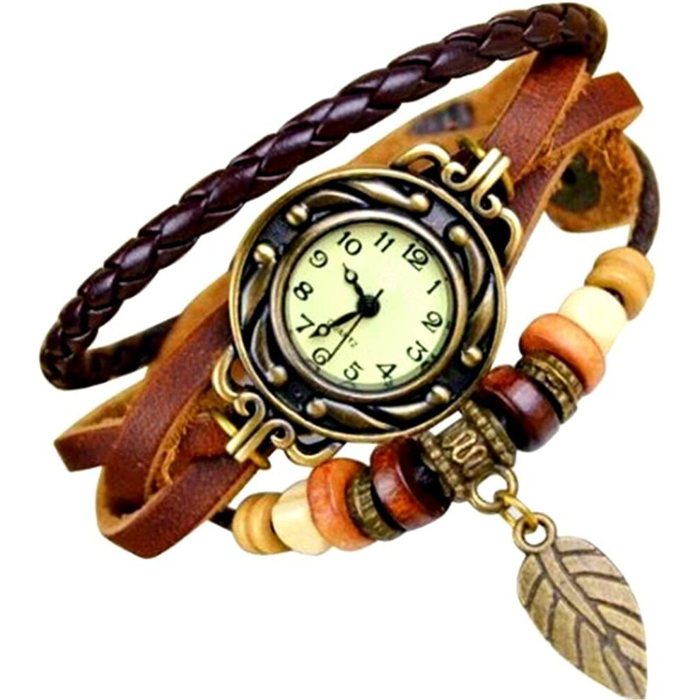 Mixe Elegant Ladies Bronze Leaf Boho Chic Vintage Inspi Bracelet Dress Watch Red