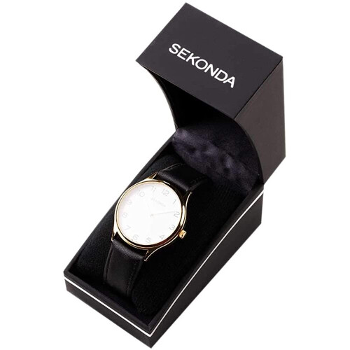 Sekonda Sekonda Black and Gold Leather White Dial Strap Watch 1854 1