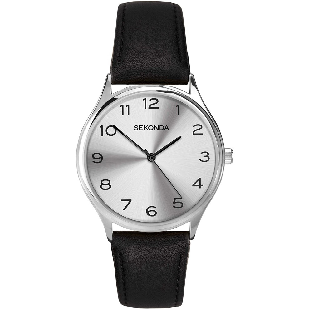 Sekonda Mens Classic Analogue Quartz Watch With Silver Dial And Black Leather Strap 1851 Black,Silver