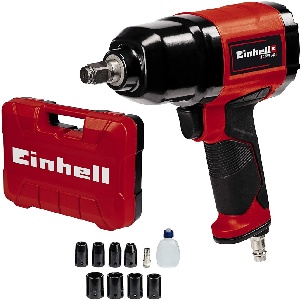 Einhell TC-PW 340 Compressed Air Impact Wrench (Max. Torque 340 Nm, Max. 6.3 Bar, Left/Clockwise Rotation, Rubberised Handle, Includes 8 Sockets, Oil
