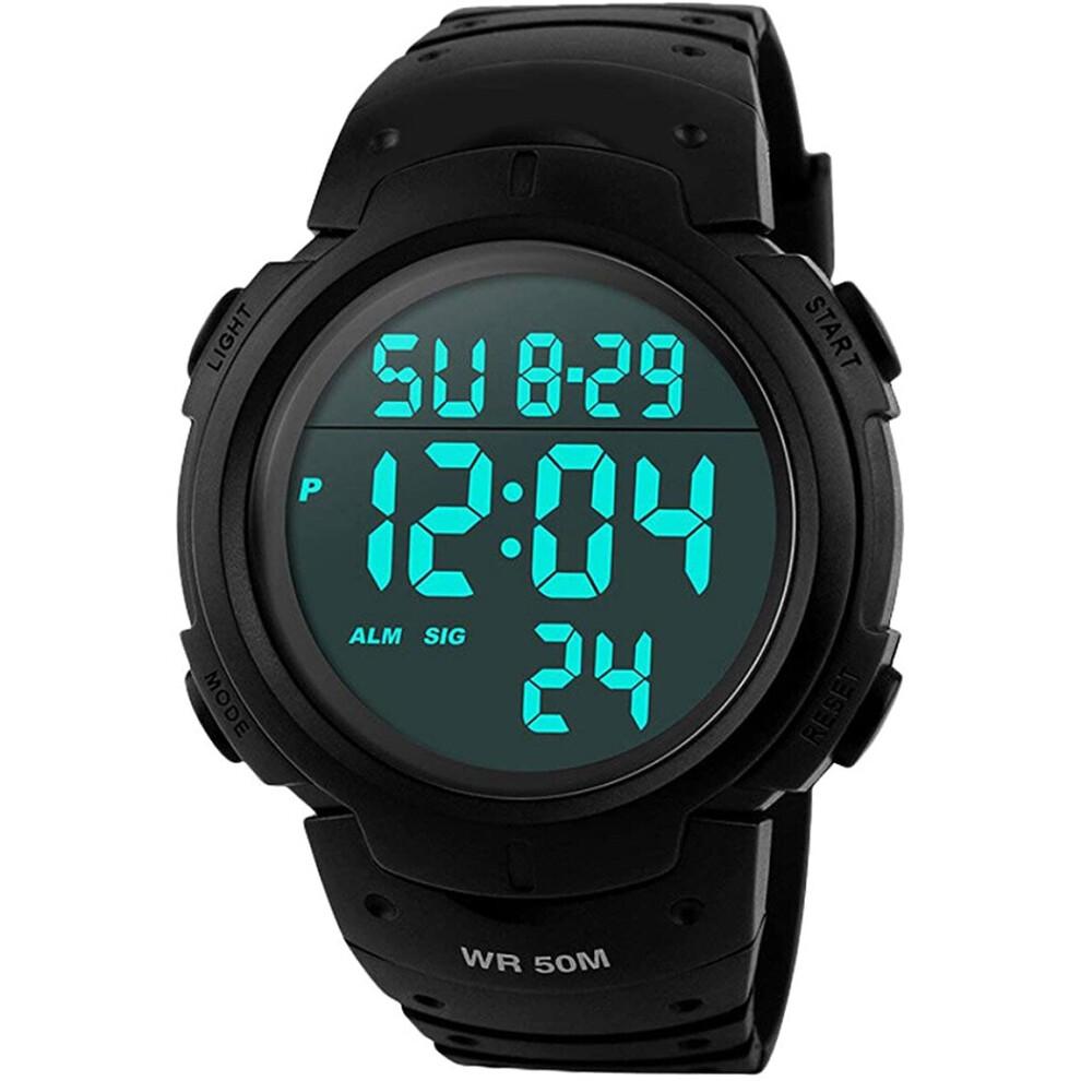 Mens Sports Digital Watches, 5 ATM Waterproof Sport Watch with Alarm Black Big Face Running Military Wrist Watch with LED Backlight for Men by RSVOM