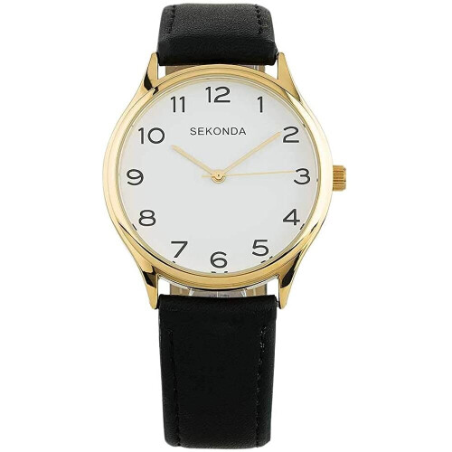 Sekonda Sekonda Black and Gold Leather White Dial Strap Watch 1854