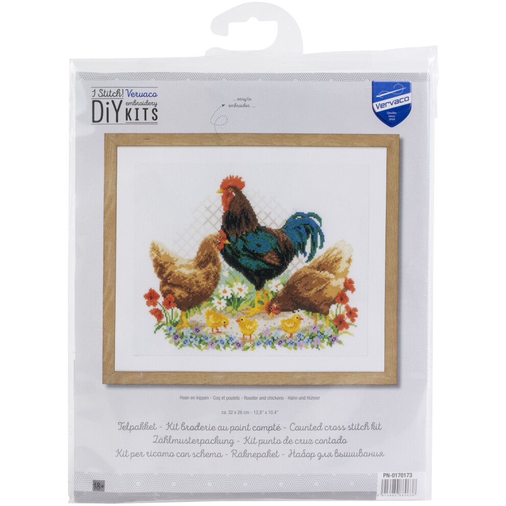Vervaco Counted Cross Stitch Kit 12.8"X10.4"-Rooster And Chickens (14 Count) -V0170173