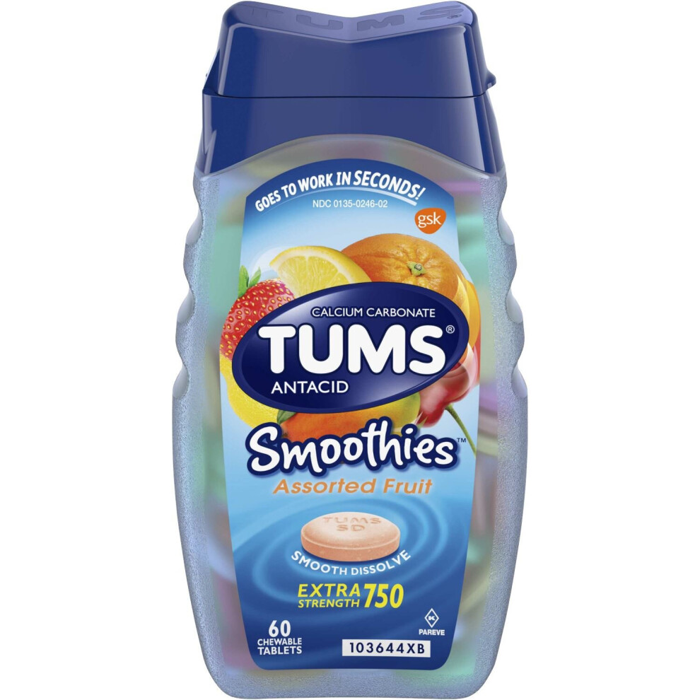 Tums Smoothies Extra Strength Antacid, Assorted Fruit, 60 Chewable Tablets, Smooth Dissolve Formula, USA Import