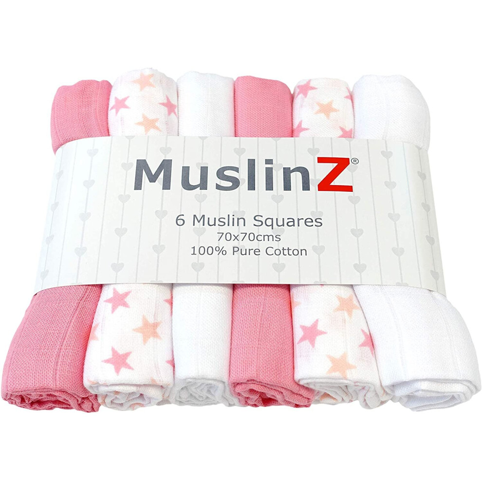 6Pk Baby Muslin Square Burp Cloth Star Mix 100% Cotton 70X70cm (Pink) Pink Muslinz