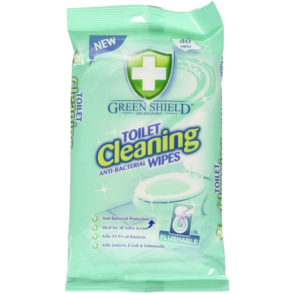 Green Shield 2 x Toilet Cleaning Anti-Bacterial Flushable 80 Wipes