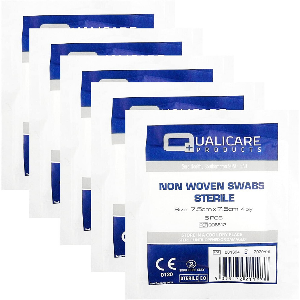 Qualicare None Woven 4Ply Sterile Gauze Medical Swabs Single Pack, 7.5Cm X 7.5Cm Sqaure - 5 Pack (25 Swabs)