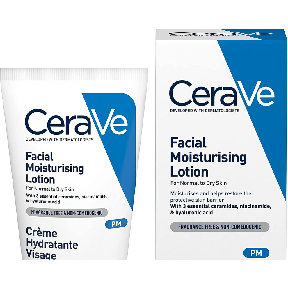 CeraVe PM Facial Moisturising Lotion, 52 ml / 1.75 oz, Daily Facial Moisturiser with Niacinamide for Normal to Dry Skin